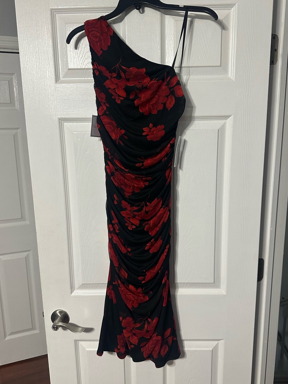 NWT Premier Amour One-Shoulder Ruched Black Dress with Red Floral Print